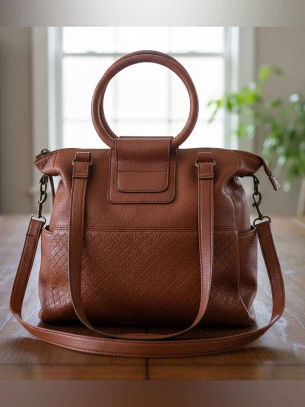 Time and True Giselle Cognac Brown Faux Leather Tote Shoulder Handbag Purse